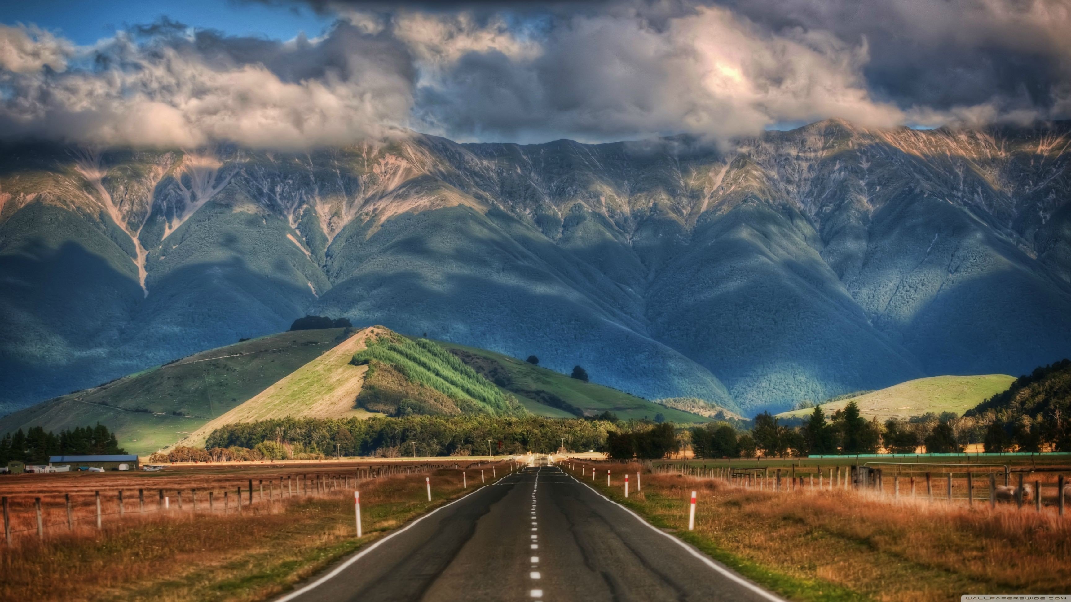 mountains, Clouds, Sunlight, Road, New Zealand Wallpaper