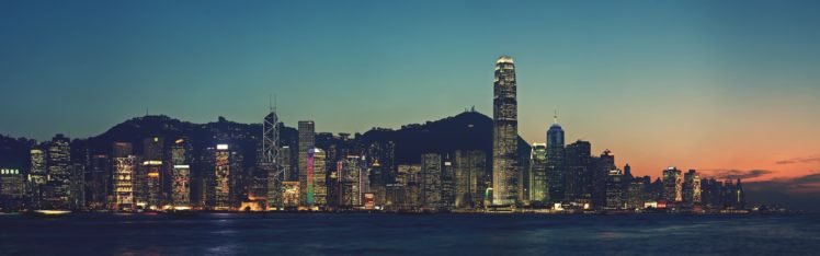 Hong Kong, Cityscape, Night, Multiple display HD Wallpaper Desktop Background