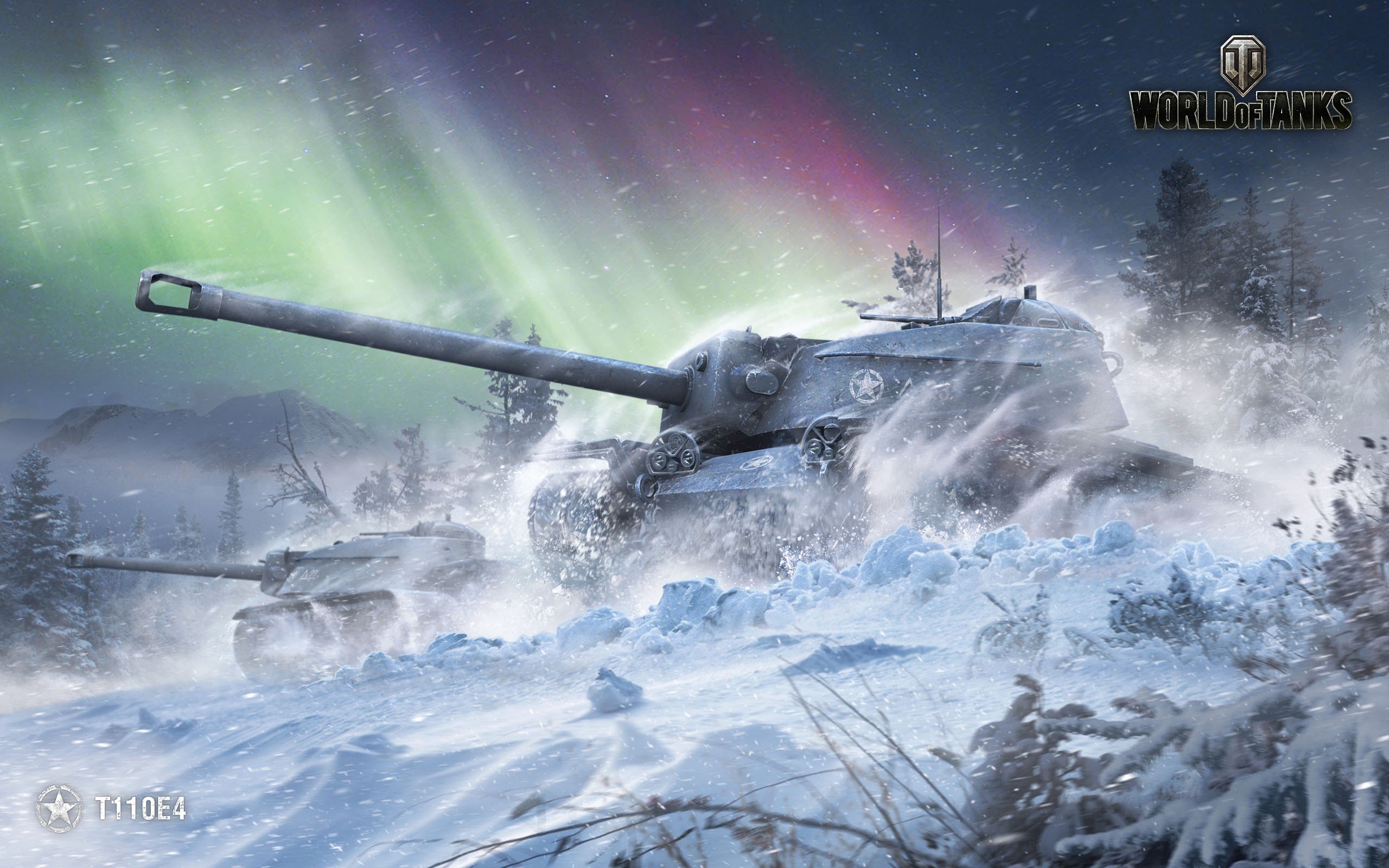 World of Tanks, Tank, T110E4, Wargaming, Snow, Aurora  borealis, Forest Wallpaper