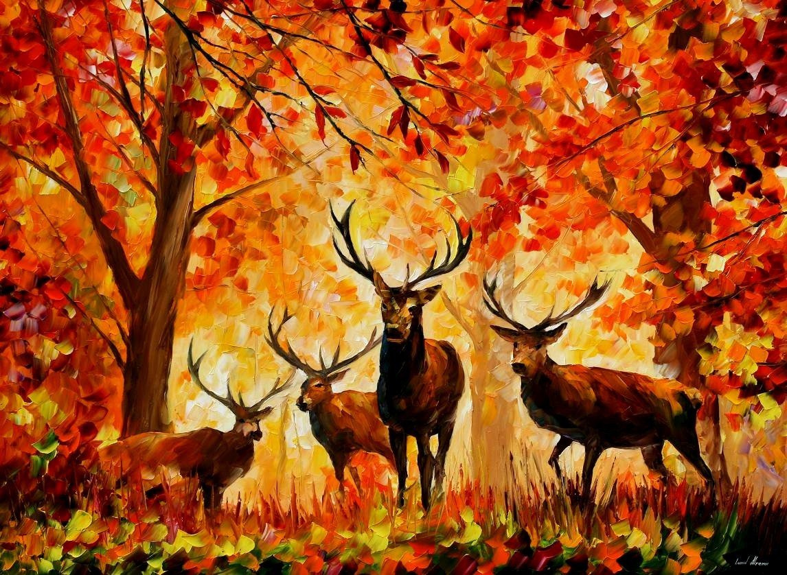 Leonid Afremov, Painting, Fall, Deer HD Wallpapers / Desktop and Mobile