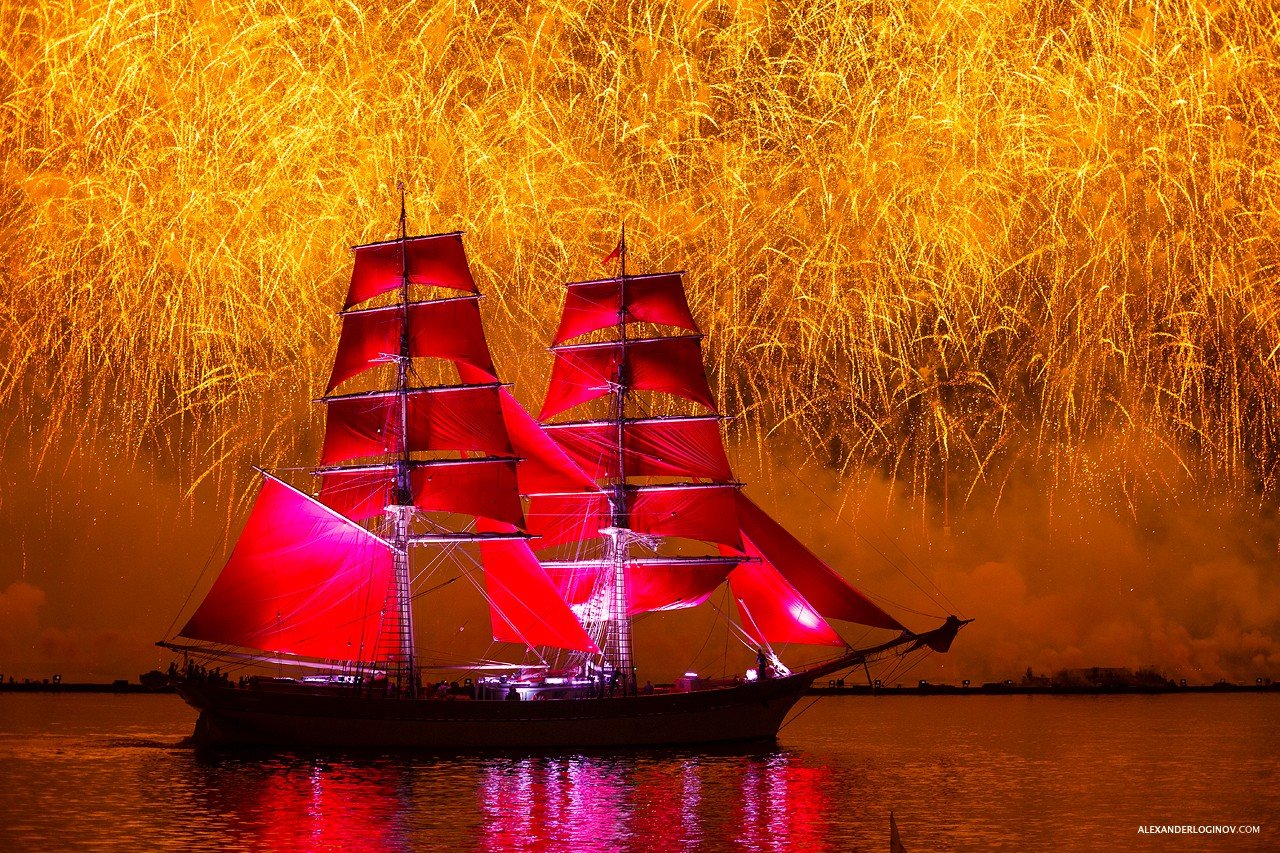 sailing ship, Fireworks, Red Wallpaper