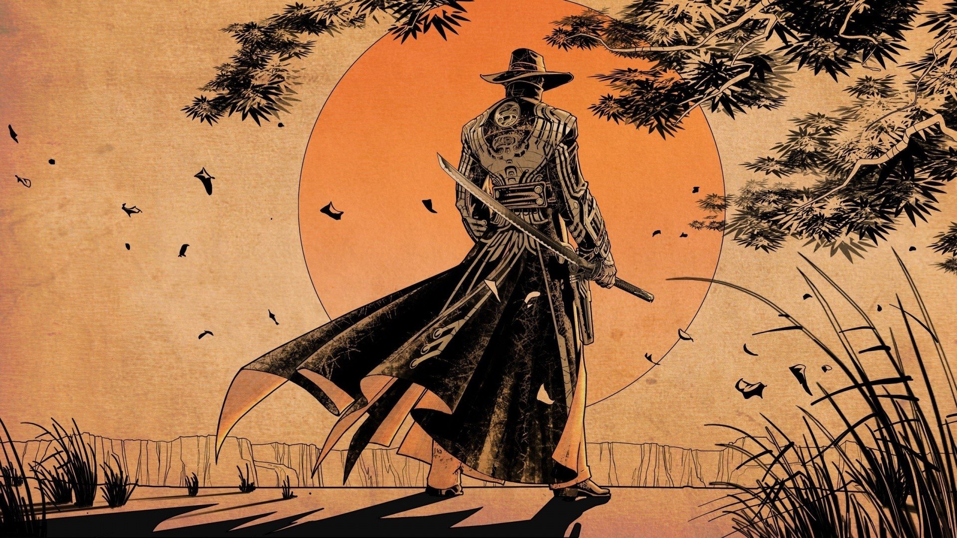 sunset, Samurai, Sword Wallpaper