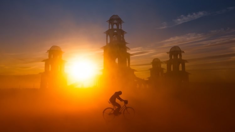 sunset, Bicycle, Silhouette, Sunlight, Mist HD Wallpaper Desktop Background
