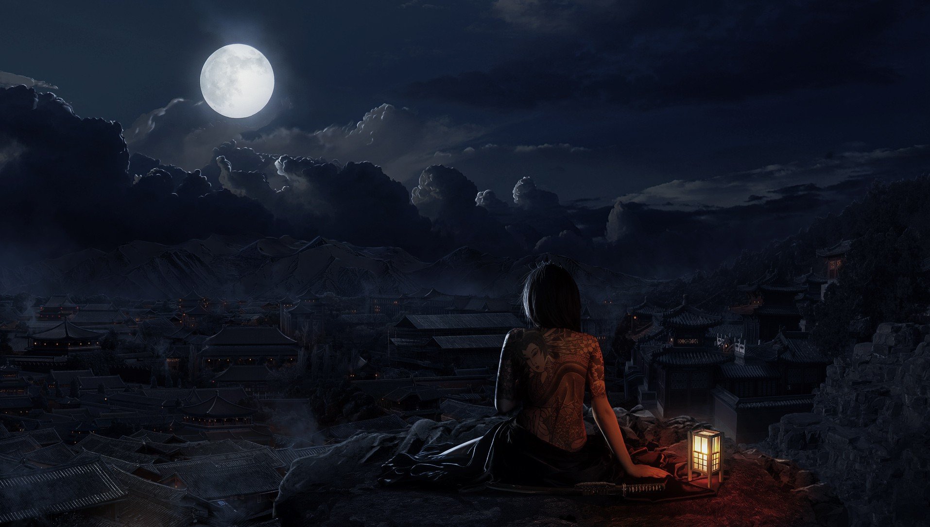 village, Moon, Night, Oriental, Skull Wallpaper