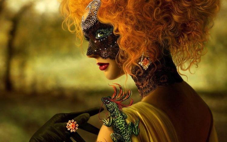 women, Redhead, Mask, Venetian masks HD Wallpaper Desktop Background