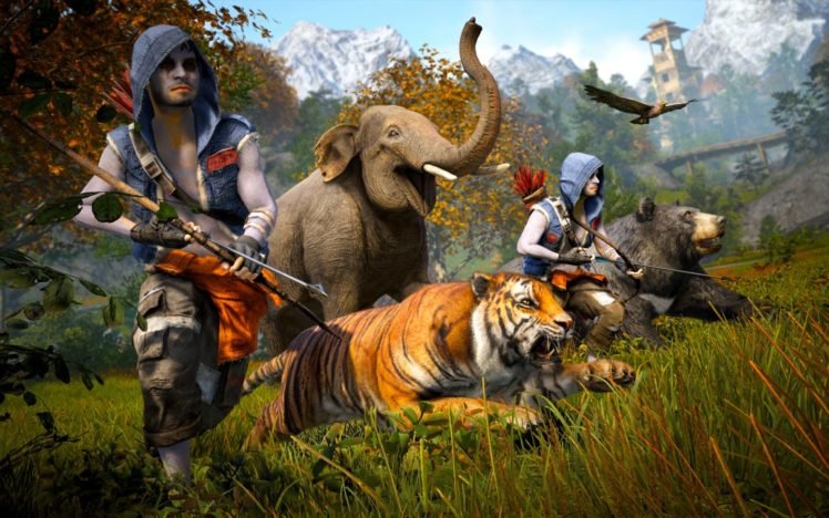 Far Cry 4, Far Cry, Tiger, Elephant, Bow, Bears, Running HD Wallpaper Desktop Background