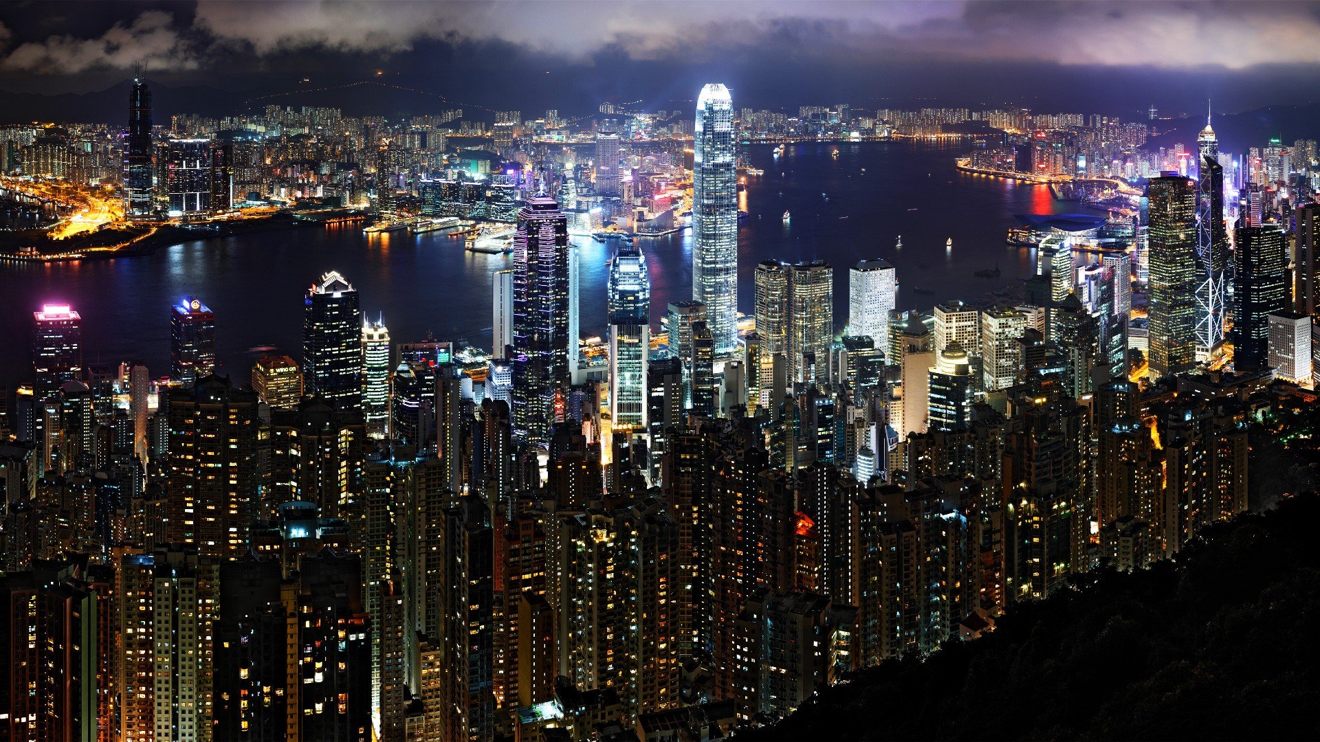 night, City, Victoria Harbour, Hong Kong, Two International Finance Centre, Bank of China Tower, Mongolia Wallpaper