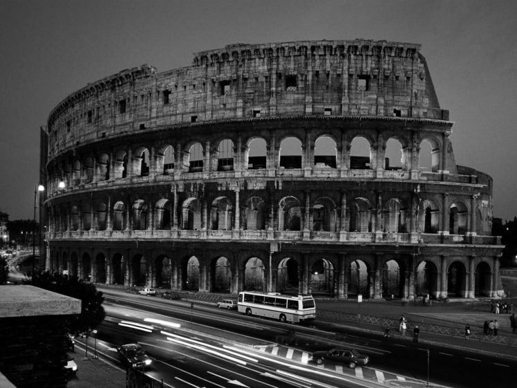 town, Lights, Rome, Ruin, Architecture, Photography, Road, Colosseum, Monochrome HD Wallpaper Desktop Background