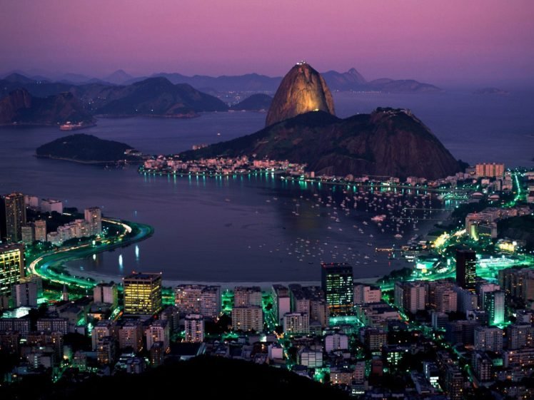 town, Lights, Hills, Water, Coast, Sea, Rio de Janeiro HD Wallpaper Desktop Background