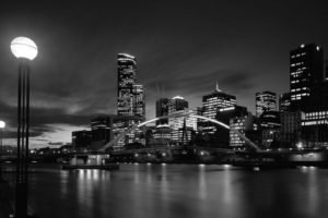 town, Lights, Black, White, Water, River, Reflection