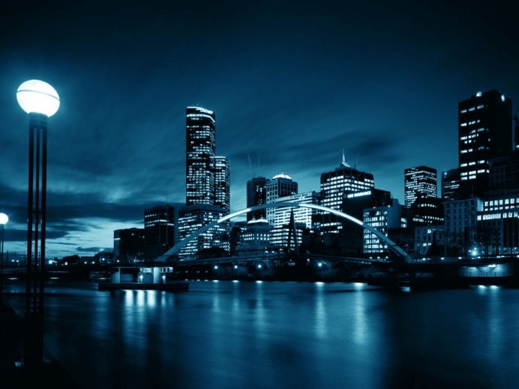 town, Lights, Blue, Water, River, Reflection HD Wallpaper Desktop Background