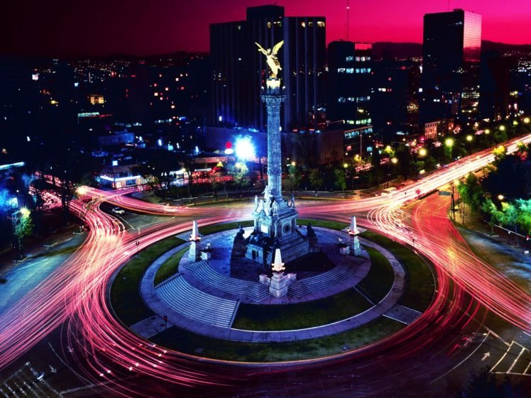 town, Lights, Road, Long exposure, Building, Statue, Roundabouts, Light trails, Mexico HD Wallpaper Desktop Background