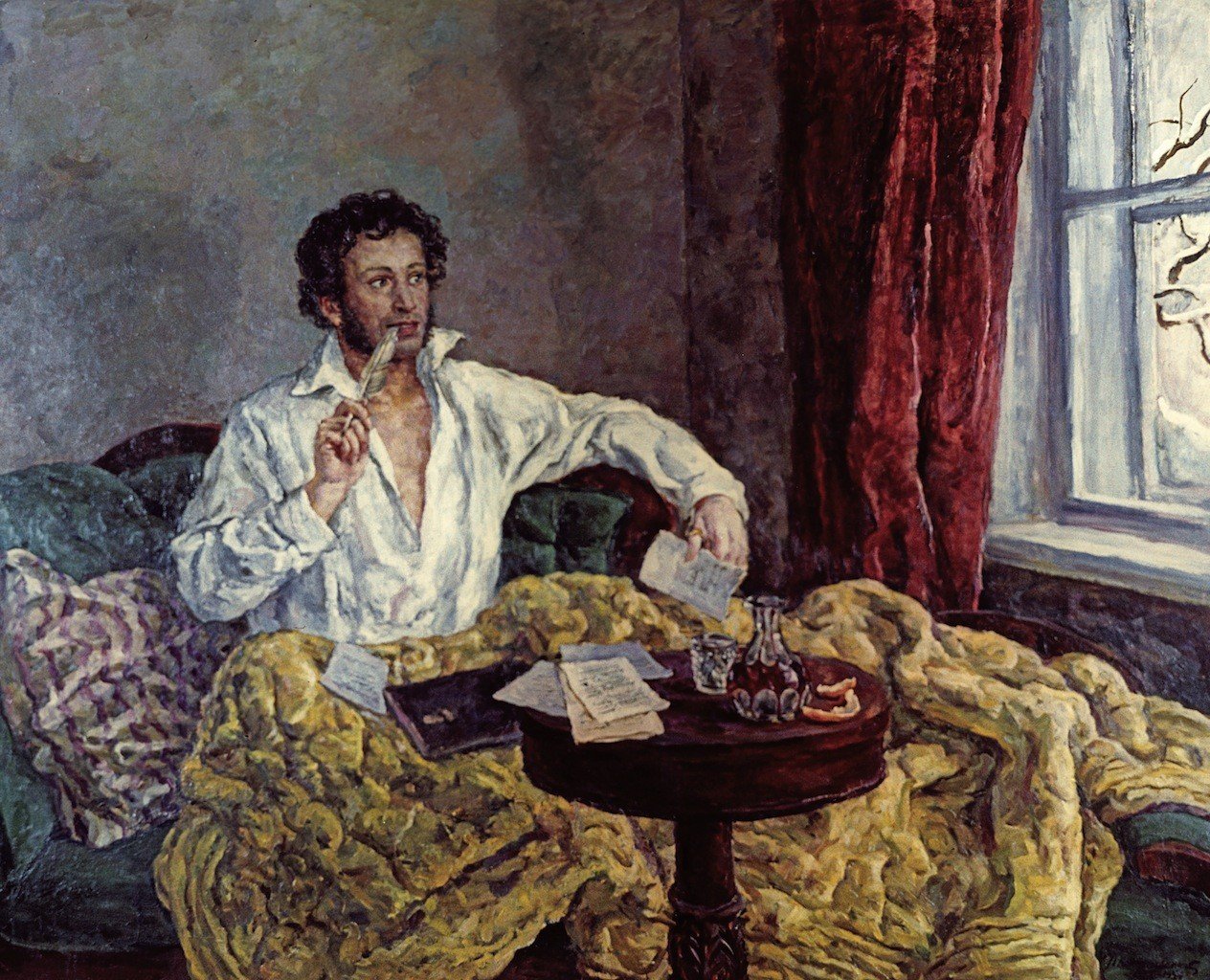 Alexander Pushkin, Painting, Classic art, Feathers, Men, Blankets, Paper, Table, Window Wallpaper