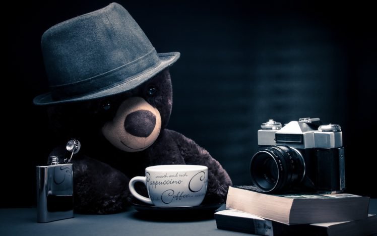 camera, Alcohol, Coffee, Teddy bears, Books HD Wallpaper Desktop Background