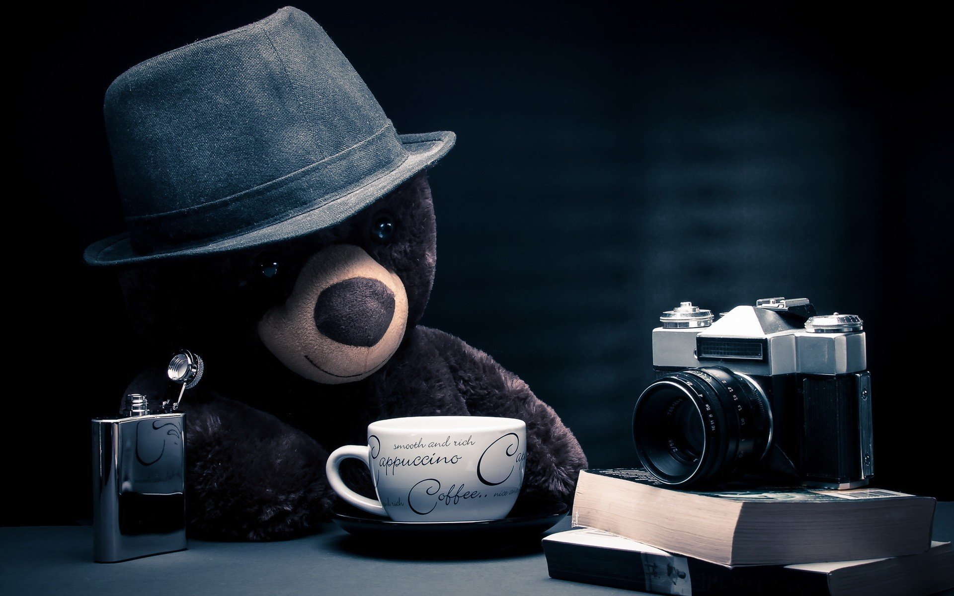 camera, Alcohol, Coffee, Teddy bears, Books Wallpaper