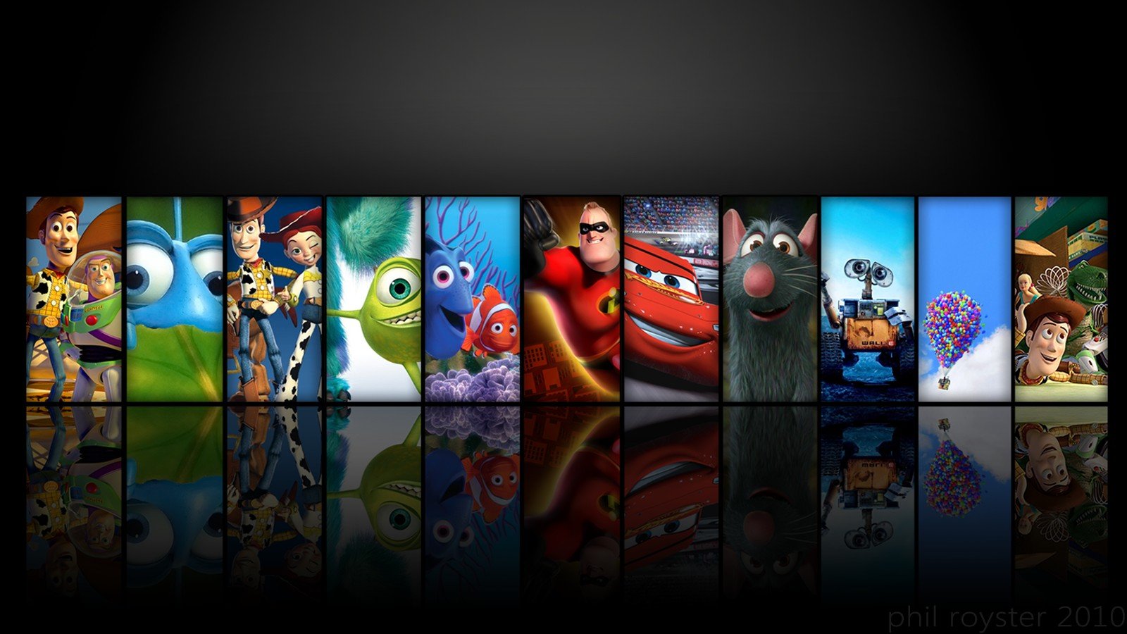 Pixar Animation Studios, Toy Story, A Bugs Life, Toy Story 2, Monsters, Inc., Ratatouille, WALL·E, Toy Story 3, Finding Nemo, Reflection Wallpaper