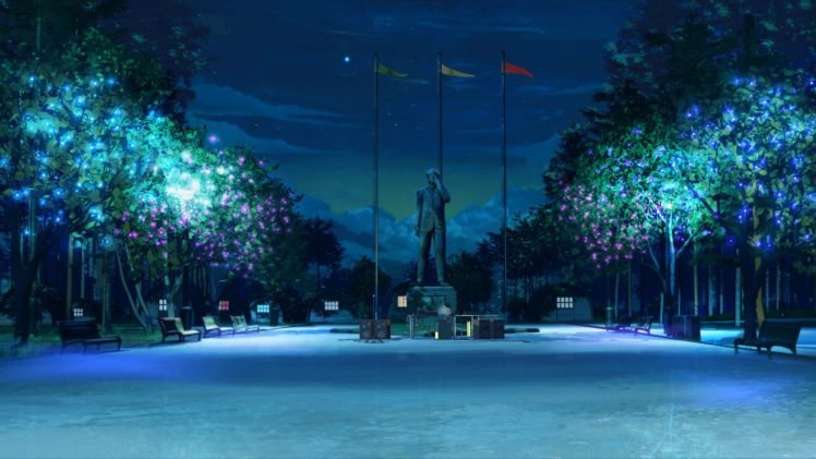 ArseniXC, Everlasting Summer, Night, Trees, Statue, Flag, Bench HD Wallpaper Desktop Background