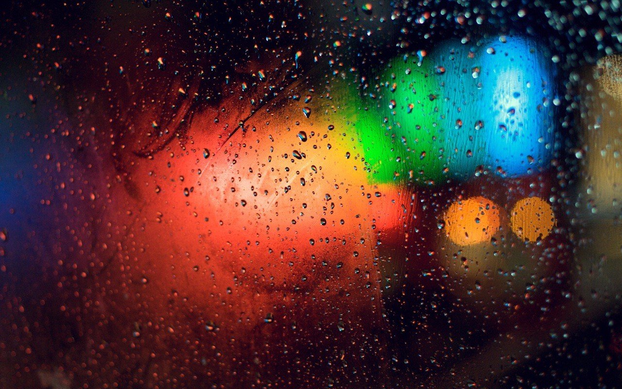 lights, Rain, Macro, Water drops, Colorful, Bokeh, Water on glass Wallpaper