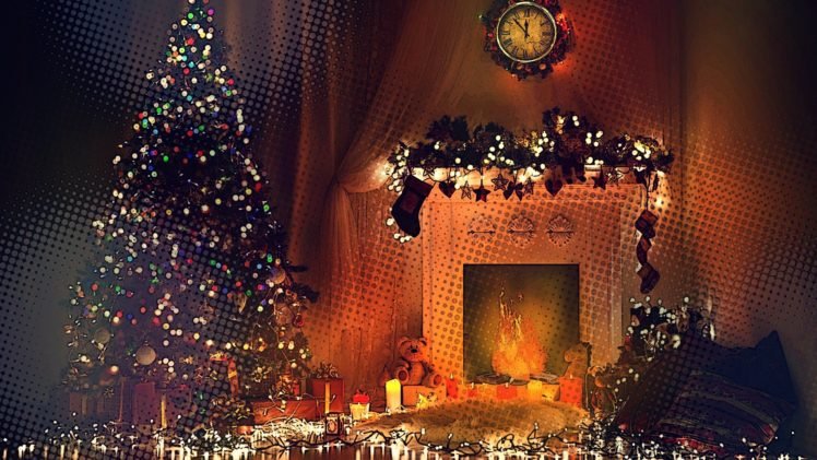fireplace, Trees, Toys, Clocks, Lights HD Wallpaper Desktop Background