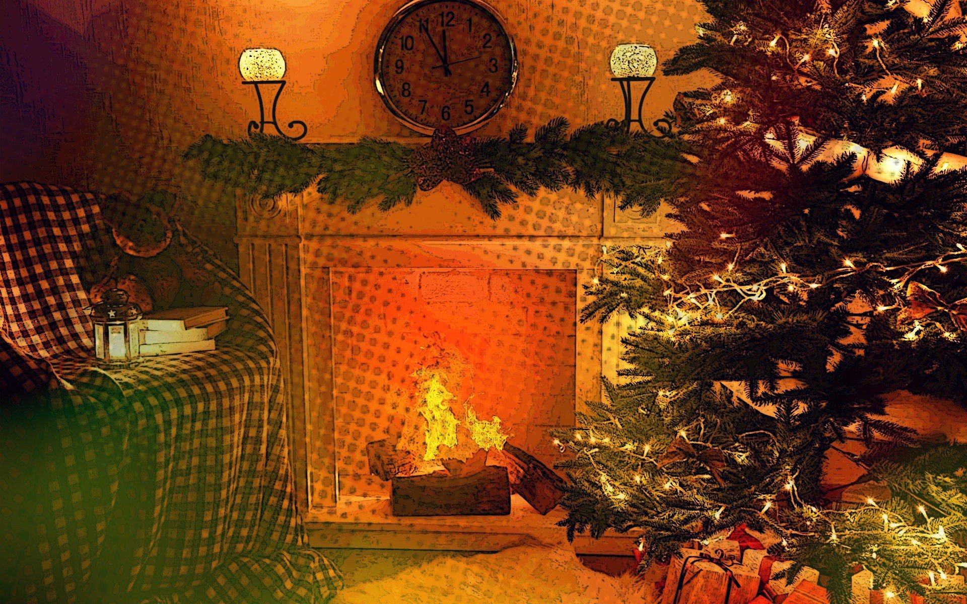 fireplace, Trees, Lights, Clocks Wallpaper