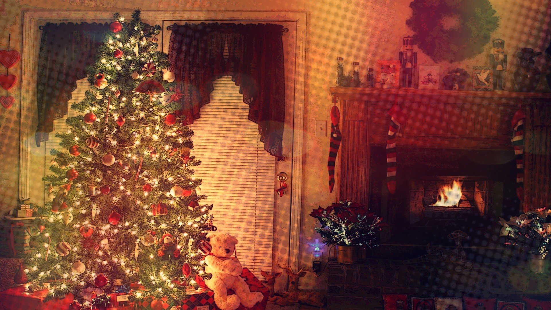 trees, Fireplace, Lights, Toys Wallpaper