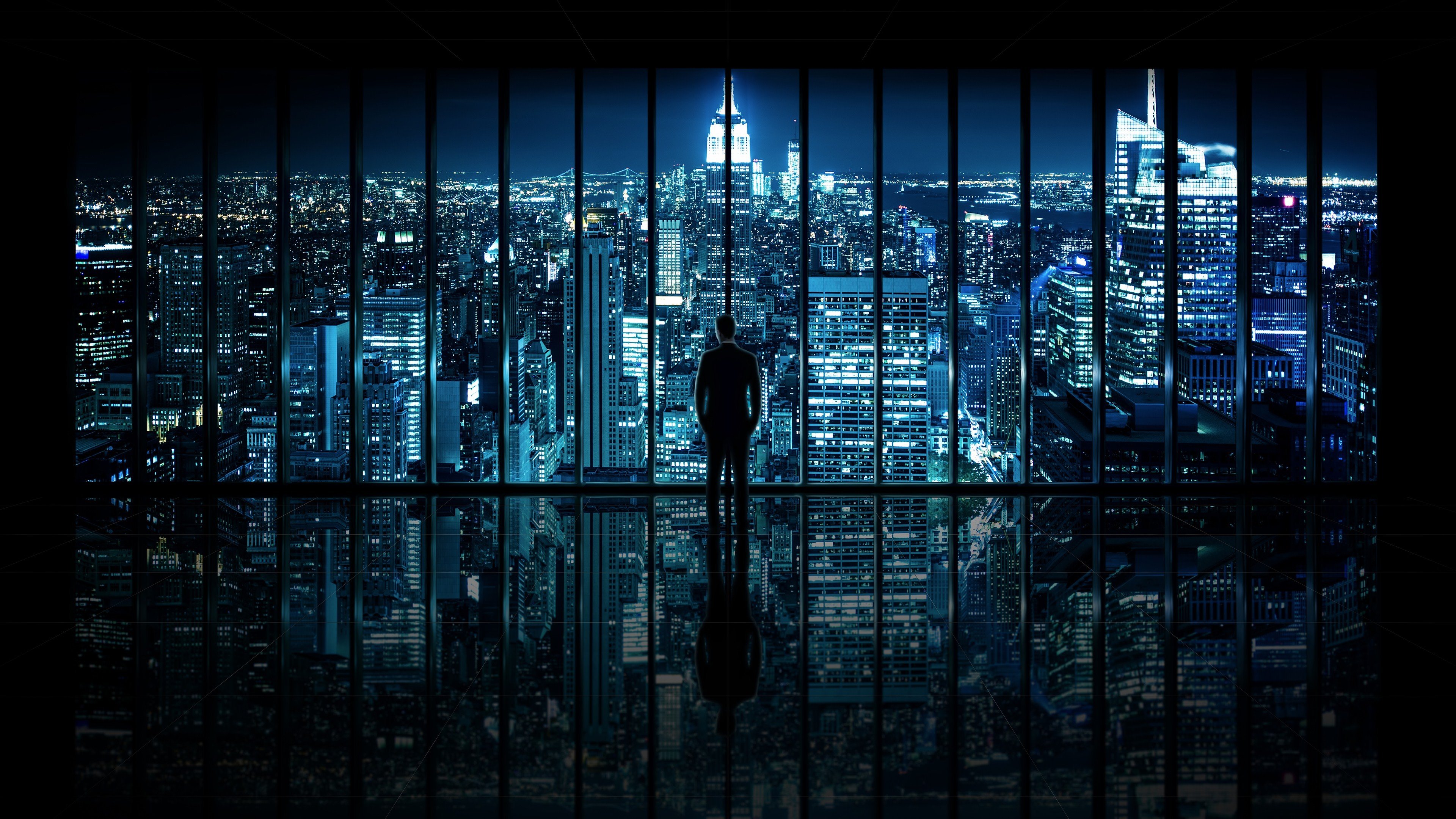 night, Gotham City, Window, Panels, Silhouette, Cityscape, Reflection Wallpaper