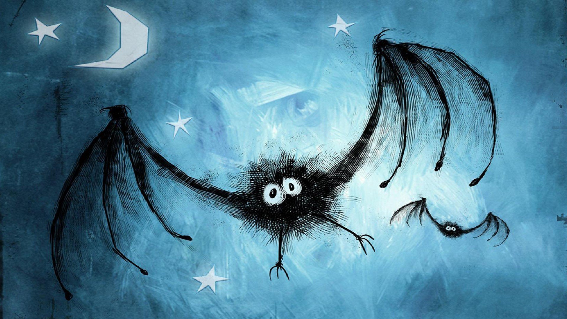 moon, Bats, Blue, Stars, Spooky Wallpaper