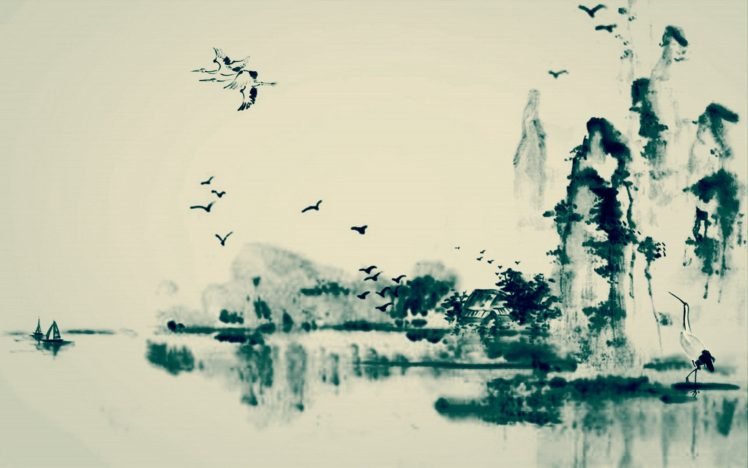 cranes (bird), Painting, Water HD Wallpaper Desktop Background