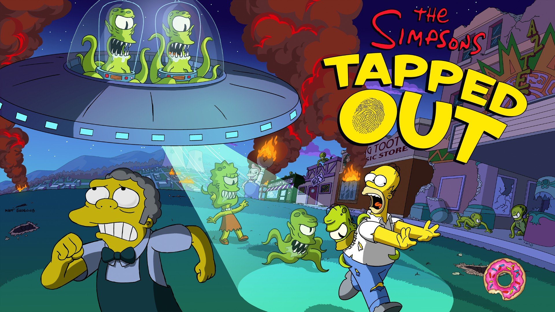 The Simpsons, Tapped Out, Aliens, Lisa Simpson, Moe Szyslak, Kang and Kodos Wallpaper
