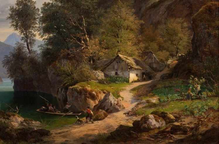 painting, Pastoral, Cottage, Boat, Rock, Trees, Path, Classic art HD Wallpaper Desktop Background