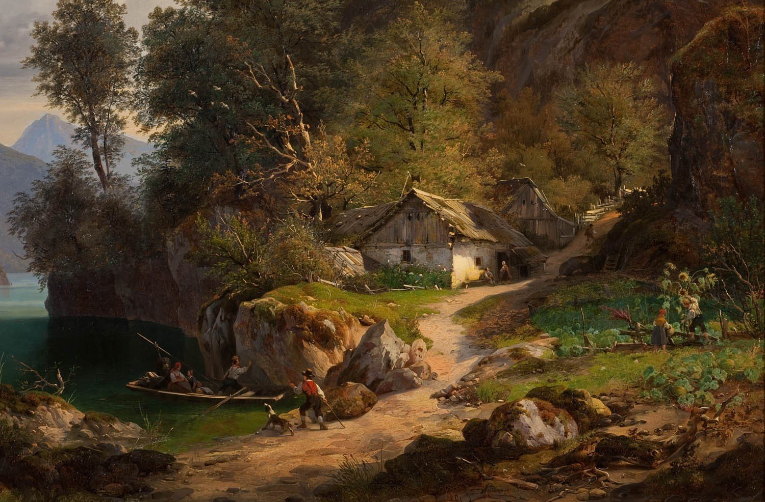 painting, Pastoral, Cottage, Boat, Rock, Trees, Path, Classic art Wallpaper