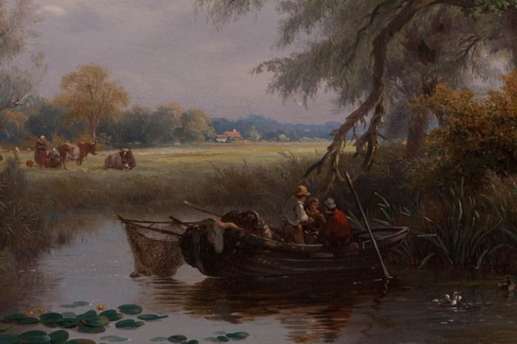 painting, Lily pads, Boat, Field, Cows, Fishing, Classic art HD Wallpaper Desktop Background
