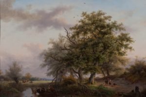painting, Trees, Boat, Lily pads, Cows, Duck, Classic art