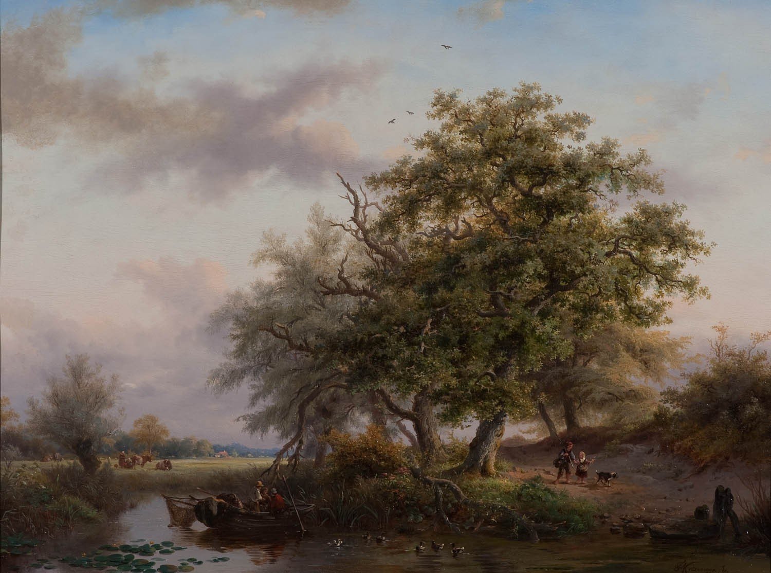 painting, Trees, Boat, Lily pads, Cows, Duck, Classic art Wallpaper