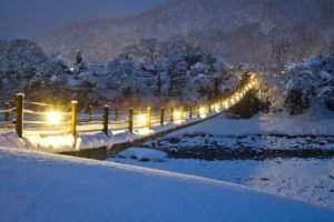 bridge, Snow, Lights
