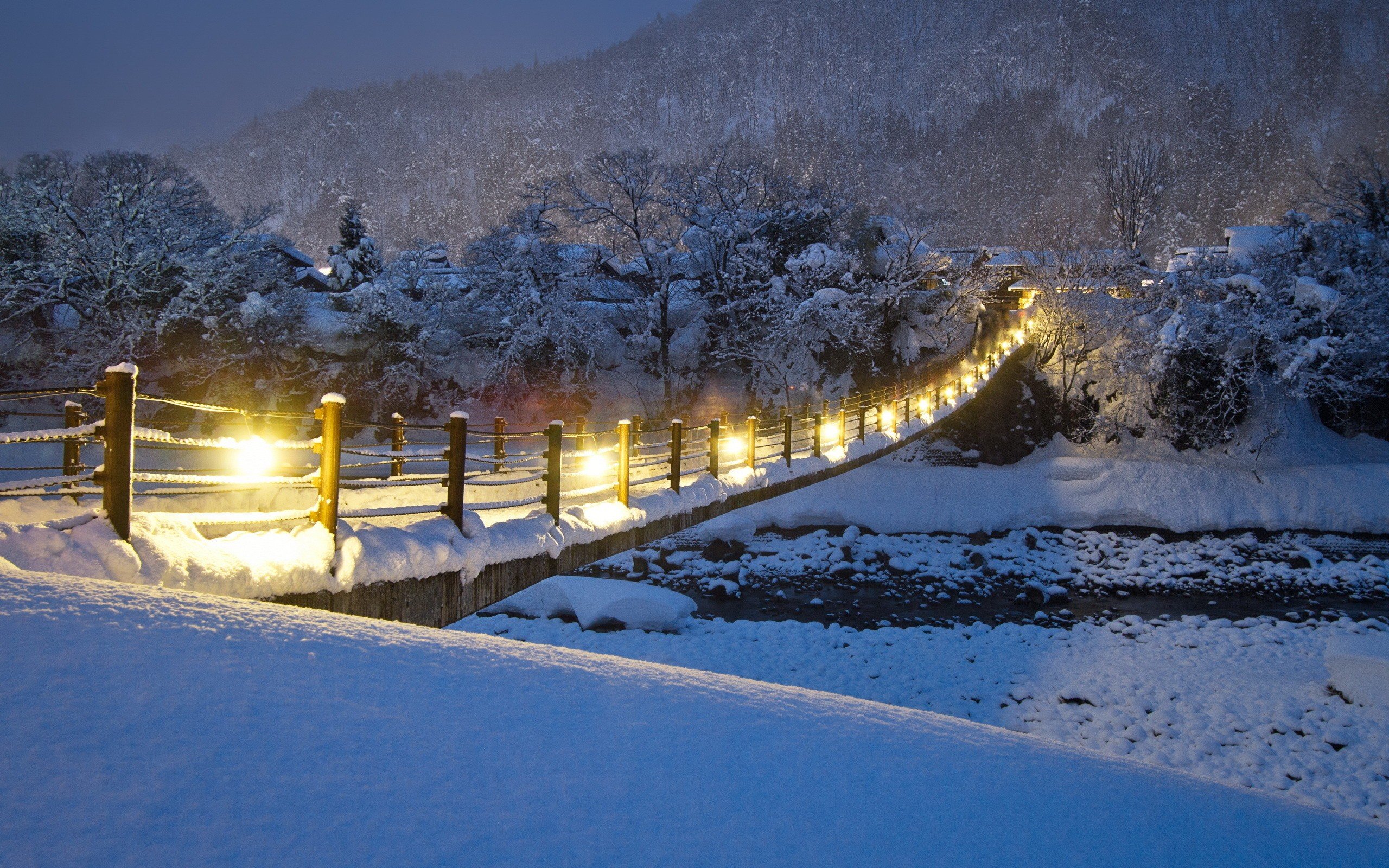 bridge, Snow, Lights Wallpaper