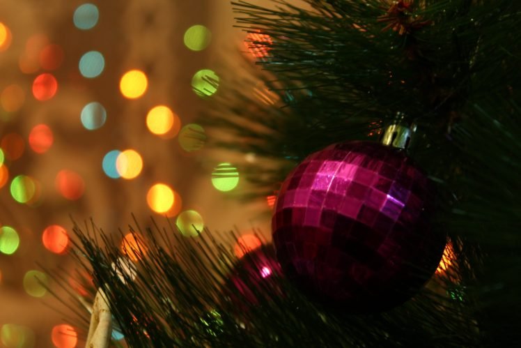 Christmas ornaments, Pine trees, Bokeh HD Wallpaper Desktop Background