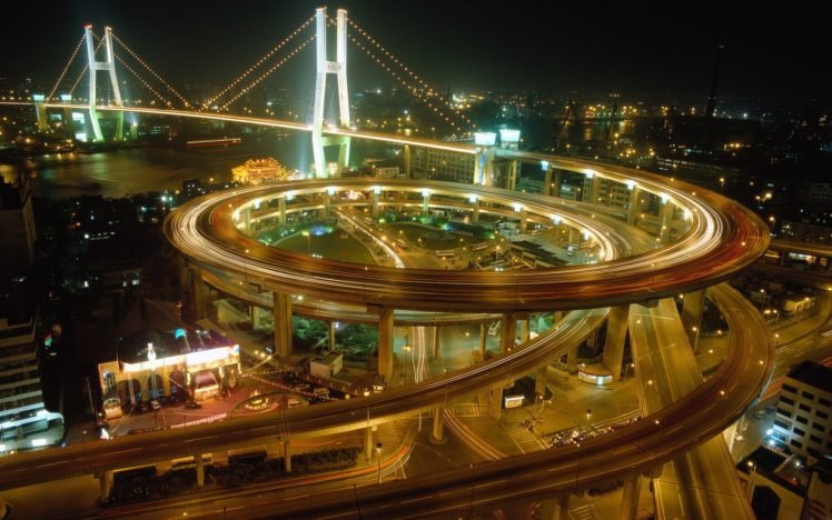 highway, Long exposure, Interchange, Bridge, Shanghai, Nanpu Bridge HD Wallpaper Desktop Background