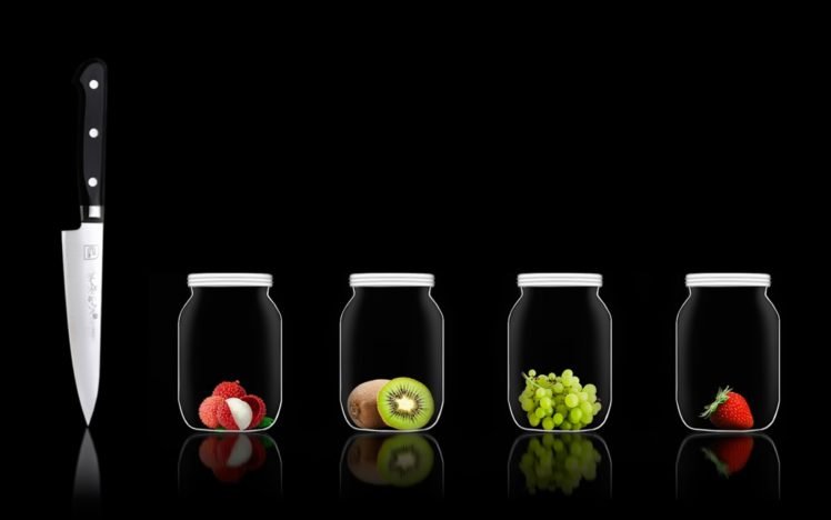 jars, Fruit, Knife, Kiwi (fruit), Grapes, Strawberries, Black background, Reflection HD Wallpaper Desktop Background