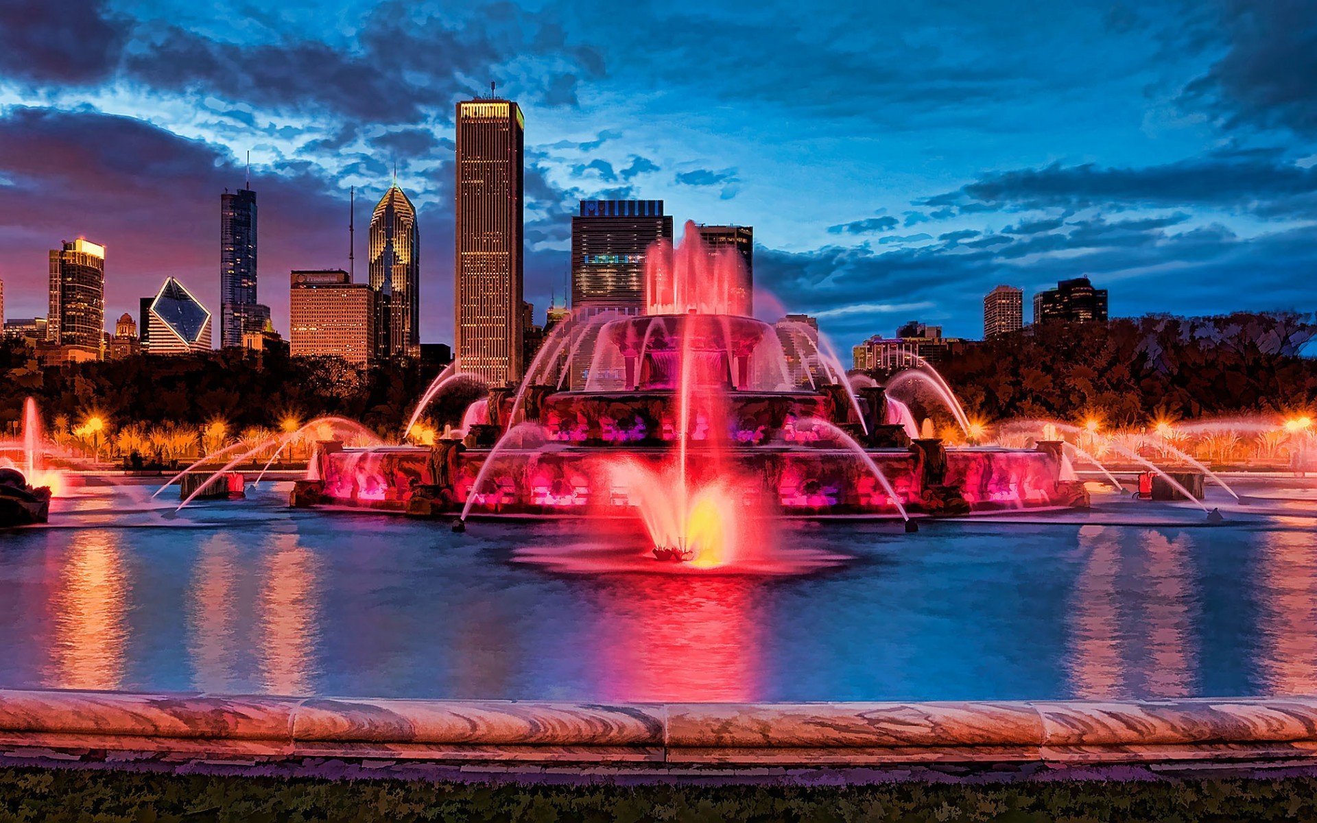 fountain, City, Skyscraper, Water, Chicago Wallpaper
