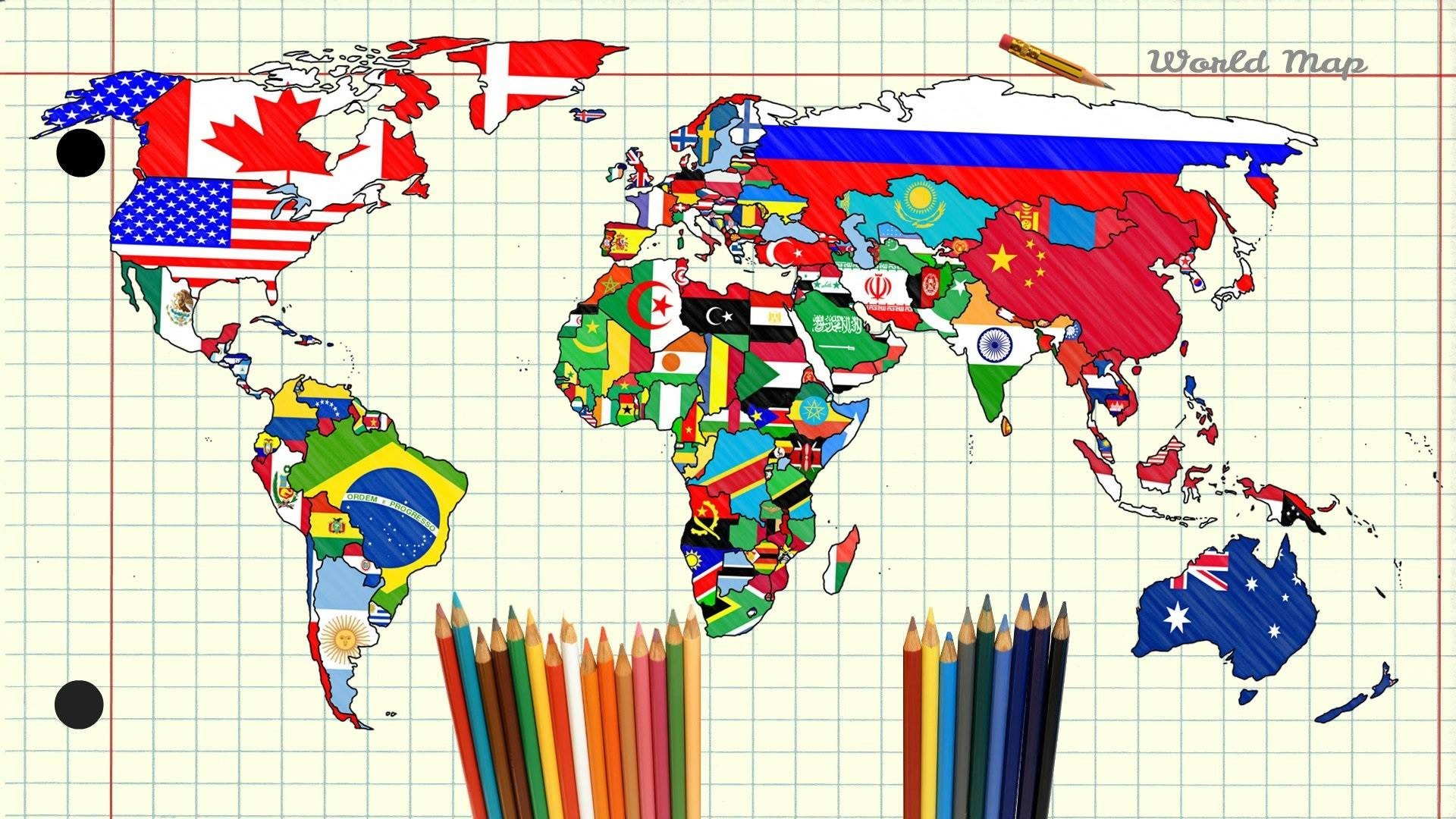 map, World, Pencils, Paper, Continents Wallpaper