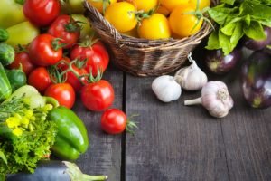 food, Vegetables, Tomatoes, Eggplant, Baskets, Wooden surface, Colorful