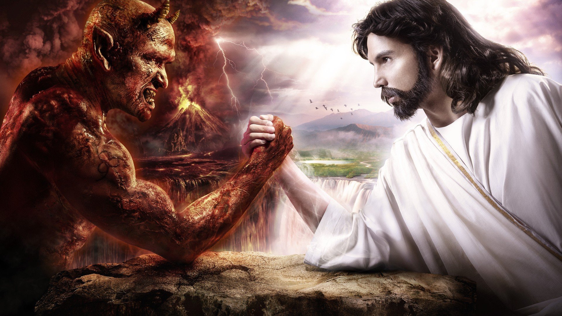 arm wrestling, Devils, Jesus Christ Wallpaper