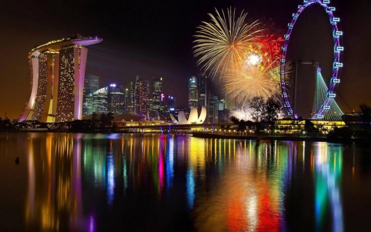 reflection, Cityscape, Ferris wheel, Fireworks, Skyscraper, Water, Singapore, Marina Bay HD Wallpaper Desktop Background