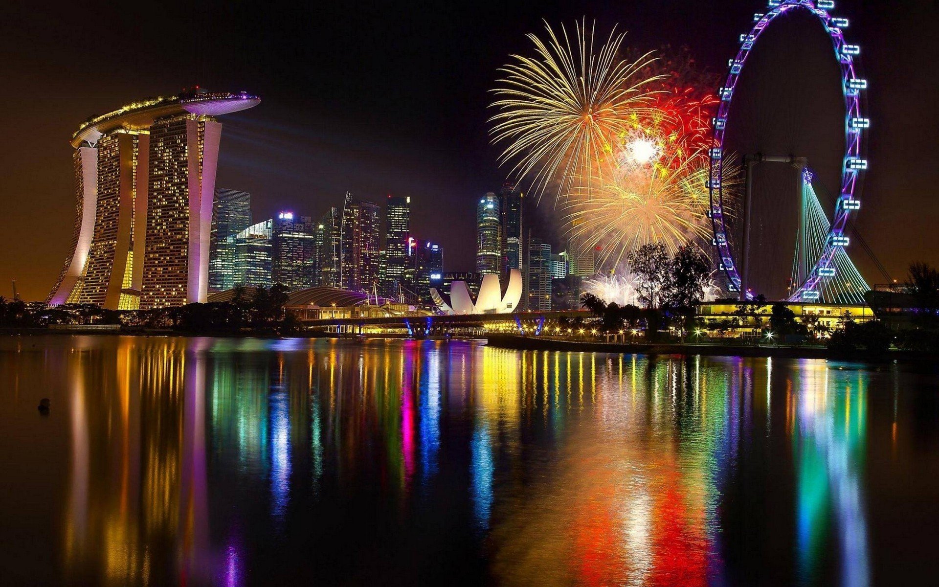 reflection, Cityscape, Ferris wheel, Fireworks, Skyscraper, Water, Singapore, Marina Bay Wallpaper