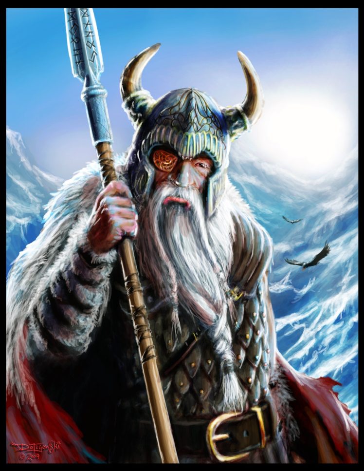Vikings, Odin, Gungnir, Huginn, Muninn, Helmet HD Wallpaper Desktop Background