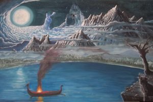 painting, Norse, Mythology, Mountain, Boat, Fire