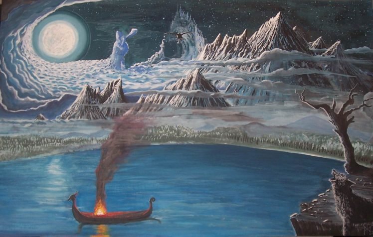 painting, Norse, Mythology, Mountain, Boat, Fire HD Wallpaper Desktop Background
