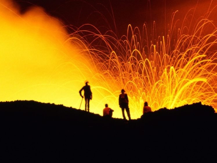 Hawaii, Eruption, Group of people, Smoke, Silhouette, Long exposure, Volcano, Lava HD Wallpaper Desktop Background