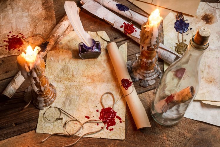 candles, Bottles, Table, Glasses, Wax, Wood, Feathers HD Wallpaper Desktop Background